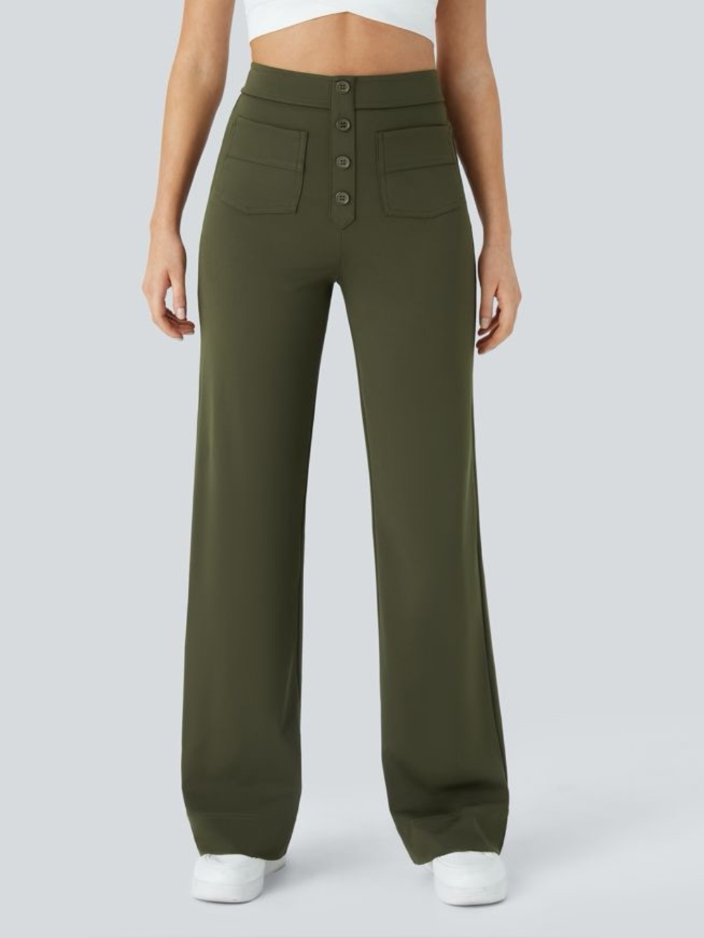 HALARA DayStretch Olive High-Waist Wide Leg Button-Front Pants